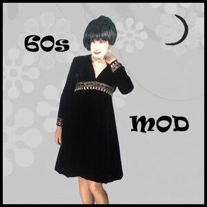 Black Velvet Dress With Rhinestones, Empire Waist, Long Sleeves 60s Vintage MOD